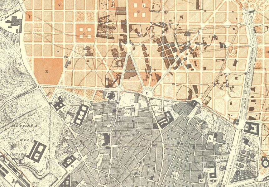 Detalle del Plan Castro en el que se ven los cinco bulevares históricos, al oeste de la Castellana, entre el nuevo ensanche (en naranja) y el casco antiguo (en blanco y negro).